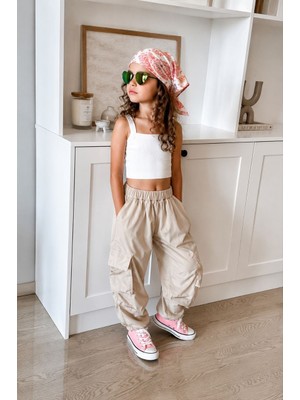 La’ciel Paris Krem Crop Paraşüt Pantolon Takım