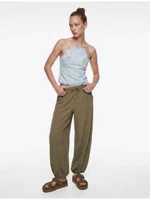 Koton Bağlamalı Sırt Detaylı Nakışlı Kare Halter Yaka Askılı Denim Top