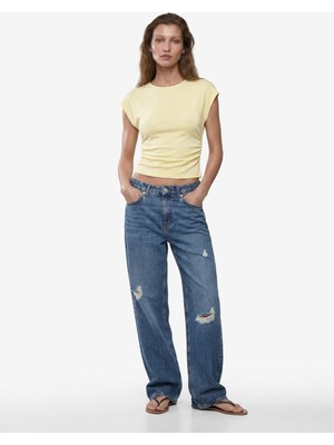 Koton Pamuklu Slim Fit Drape Detaylı Bisiklet Yaka Kısa Kollu Tişört