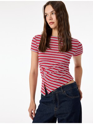 Koton Slim Fit Kısa Kollu Bisiklet Yaka Asimetrik Çizgili Drapeli Bluz