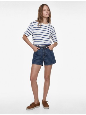 Koton Kemer Detaylı Çizgili Regular Fit Pamuklu Mini Denim Şort