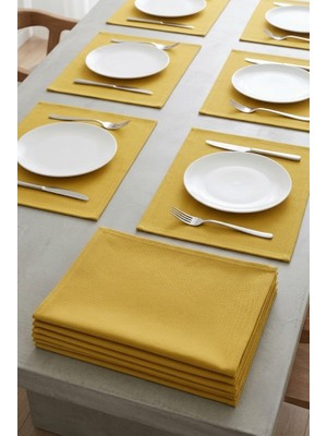 Rona Home Yemek Masası Amerikan Servis 6'lı Set Hardal Sarısı Keten Dokulu Dikdörtgen Tabak Altlığı