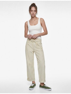 Koton Çizgili Pamuklu Normal Bel Bağcık Detaylı Crop Wide Leg Pantolon