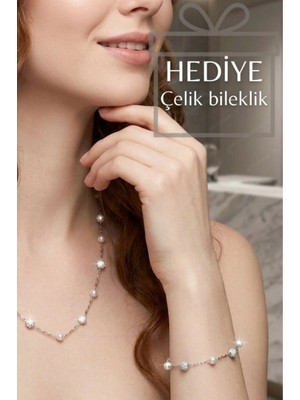Sevgili Takı Parlak Taşlı Tasarım Silver Çelik Zincir Kolye (Bileklik Hediyeli) | Glorious Serisi