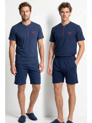 Kompedan Erkek % 100 Pamuk Düğmeli Yaka Altı Düz Cepli Şortlu Pijama Takımı | Lacivert 622