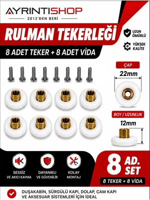 AYRINTISHOP Ayrıntishop Rulman Tekerleği 22MM 12BOY Set 8 Li - 8 Adet Vidalar Dahil