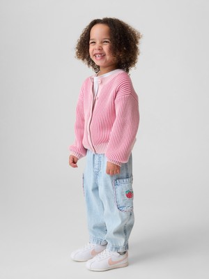 Gap Kız Bebek Açık Mavi Pull-On Çilek Işlemeli Kargo Barrel Jean Pantolon