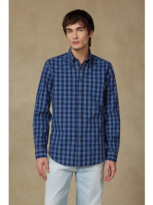 Abbate Natte Denim Pamuklu Comfort Fit Lacivert Düğmeli Yaka Erkek Kareli Gömlek