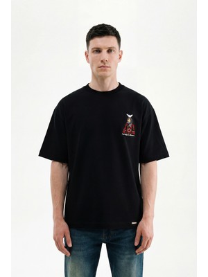 Machinist Clothing Erkek Etnik Figür Nakışlı Interlok Oversize Tişört Siyah