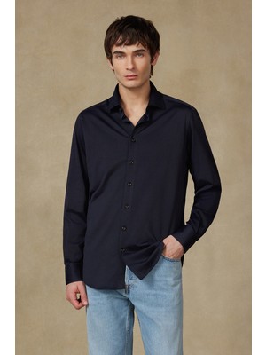 Abbate Floransa Dokuma Rayon Karışımlı Comfort Fit Lacivert Klasik Yaka Erkek Düz Gömlek