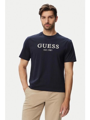 Guess Bisiklet Yaka Kısa Kollu Guess Logolu Nakışlı Erkek Lacivert T-Shirt M6YI41K4227-G7V2