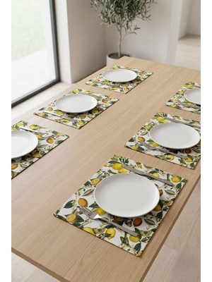 Rona Home Limon Desenli Su Geçirmez Amerikan Servis - 6'lı Leke Tutmaz Petibör Tabak Altlığı Seti