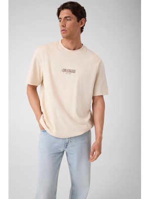 Guess Bisiklet Yaka Kısa Kollu Küçük Logolu Nakışlı Oversize Erkek Krem T-Shirt M6YI46K4232-G1CV
