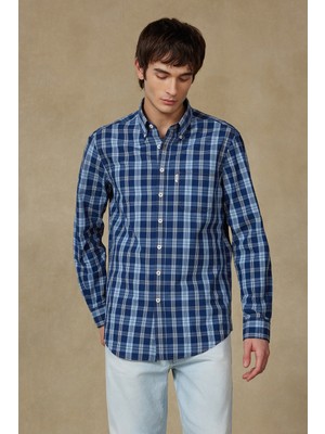 Abbate Federico Denim Pamuklu Comfort Fit Lacivert Düğmeli Yaka Erkek Ekoseli Gömlek