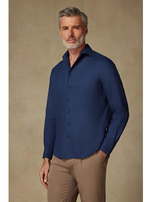 Abbate Bella Keten Keten Comfort Fit Lacivert Mostra Yaka Erkek Düz Gömlek