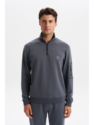 Ar-ma Erkek Yarim Fermuar Sweatshirt Baskisiz Basic Sol Kol Fermuar Cepli Slim Fit Scuba İnterlok K30404685702