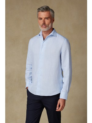 Abbate Bella Keten Keten Comfort Fit Açık Mavi Mostra Yaka Erkek Düz Gömlek