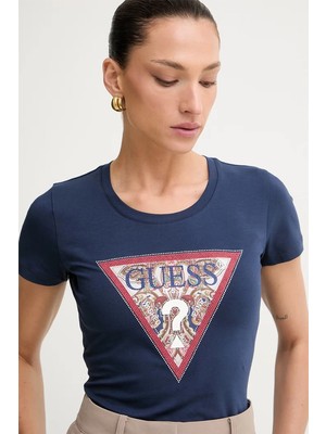 Guess Kısa Kollu Bisiklet Yaka Şal Desenli Üçgen Kadın Lacivert T-Shirt W6YI25K4344-G7P1
