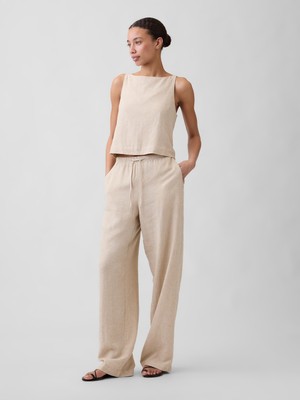 Gap Kadın Bej Relaxed Keten Karışımlı Wide-Leg Pantolon