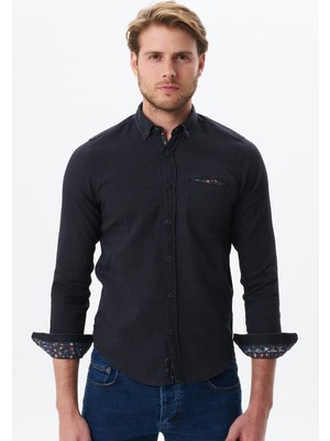 Ar-ma Erkek Gömlek Kot Görünümlü Düğme Kapamali Uzun Kollu Cepsiz Gömlek Slim Fit Denim Chambre K9GKD1070