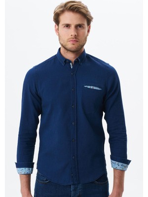 Ar-ma Erkek Gömlek Kot Görünümlü Düğme Kapamali Uzun Kollu Cepsiz Gömlek Slim Fit Denim Chambre K9GKD1070