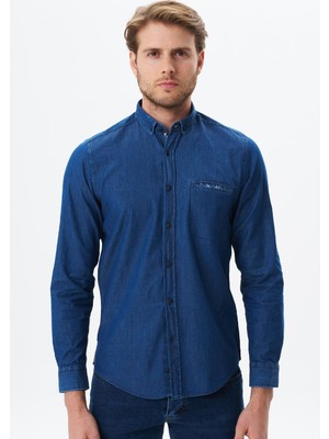 Ar-ma Erkek Gömlek Kot Görünümlü Düğme Kapamali Uzun Kollu Cepsiz Gömlek Slim Fit Denim Chambre K9GKD1070