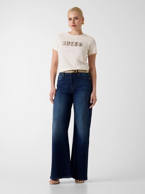 Guess Kısa Kollu Bisiklet Yaka Yılan Desenli Yazılı Yapay Elmaslı Kadın Beyaz T-Shirt W6YI30K4349-G012