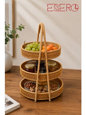 Esero 3 Katlı Hasır Meyvelik Sepeti Rattan Organizer Dekoratif Mutfak Tezgah Üstü Düzenleyici E23XB45XD19 cm