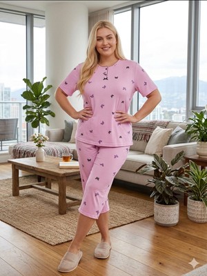 Asel Büyük Beden Kısa Kol Kapri Yumuşak Tuşeli Likralı Örme Pijama Takımı