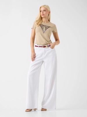 Guess Kısa Kollu Bisiklet Yaka Yılan Desenli Üçgen Kadın Bej T-Shirt W6YI31K4350-A117