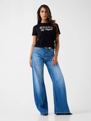 Guess Kısa Kollu Bisiklet Yaka Yılan Desenli Yazılı Yapay Elmaslı Kadın Siyah T-Shirt W6YI30K4349-JBLK