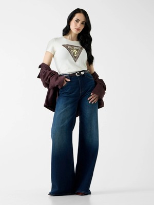 Guess Kısa Kollu Bisiklet Yaka Yılan Desenli Üçgen Kadın Beyaz T-Shirt W6YI31K4350-G012
