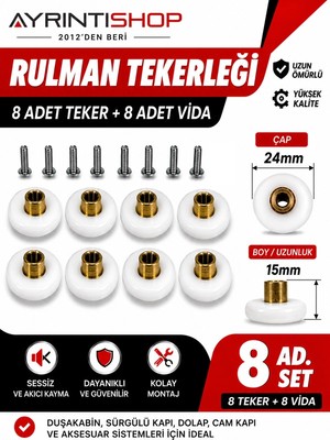 AYRINTISHOP Duşakabin Rulman Tekerleği 24 mm Çap 15 mm Boy 8 Adet Vida Dahil
