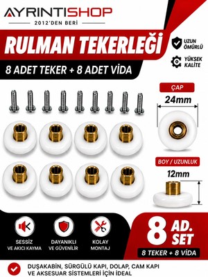 AYRINTISHOP Duşakabin Rulman Tekerleği 24 mm Çap 12 mm Boy 8 Adet Vida Dahil