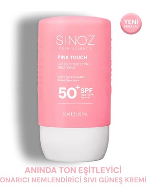 Sinoz Pink Touch Anında Ton Eşitleyici Leke Karşıtı SPF50+ Pembe Sıvı Yüz Güneş Kremi PA++++ 50ml