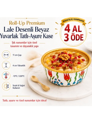 Roll-Up Premium Lale Desenli Aşure Kasesi 6'lı | Yuvarlak Muhallebi Sütlaç Puding Servis Kasesi