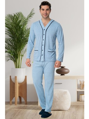 Mecit Pijama Mecit 22767 Mavi Yazlık Boydan Düğmeli Büyük Beden Erkek Pijama Takımı