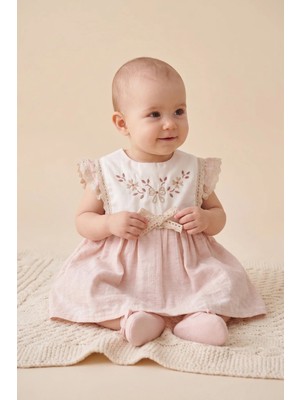 Bebezade Yazlık Kız Bebek Linen Flowers Nakış Detaylı Elbise