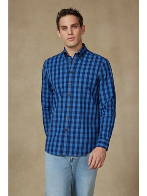 Abbate Natte Denim Pamuklu Comfort Fit Lacivert Düğmeli Yaka Erkek Kareli Gömlek