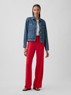 Gap Kadın Kırmızı High Rise Keten Karışımı Wide-Leg Pantolon