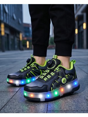 Kidessa 2256-N-DROPS LED Işıklı Çift Tekerlekli Akıllı Bağcıklı Unisex Çocuk Patenli Ayakkabı - NKT02256-SIYAH-YEŞIL-31