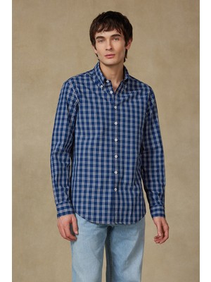Abbate Natte Denim Pamuklu Comfort Fit Lacivert Düğmeli Yaka Erkek Kareli Gömlek