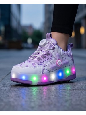 Kidessa 2256-N-DROPS LED Işıklı Çift Tekerlekli Akıllı Bağcıklı Unisex Çocuk Patenli Ayakkabı - NKT02256-BEYAZ-LILA-35