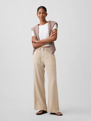Gap Kadın Bej High Rise Keten Karışımı Wide-Leg Pantolon