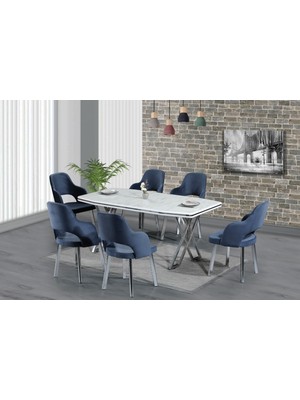 BafArt Modern Tasarımlı Masa Takımı 6 Sandalye Metal Beyaz Renk 180 x 90 cm