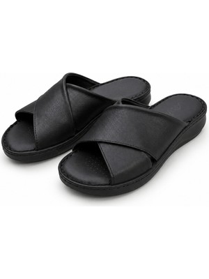 Patron Shoes Hakiki Deri Ortopedik Taban Çapraz Bantlı Kadın Terlik Günlük Konforlu Şık Tasarım