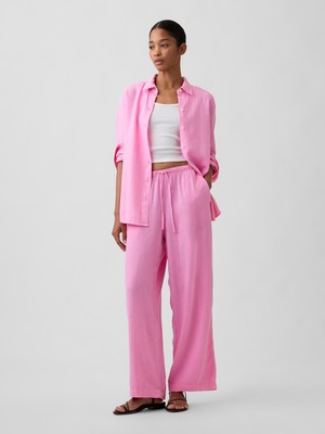Gap Kadın Pembe Relaxed Keten Karışımlı Wide-Leg Pantolon