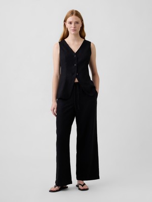 Gap Kadın Siyah Relaxed Keten Karışımlı Wide-Leg Pantolon