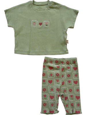 Bellamio Kids Mint Çiçek Kalpli Ribana Taytlı Kız Bebek Takımı