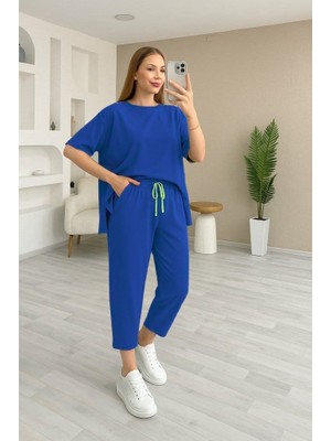 Asyahsap Kadın Kısa Kollu Bisiklet Yaka Viskon Iki Iplik Bluz ve Pantolon Ikili Takım
